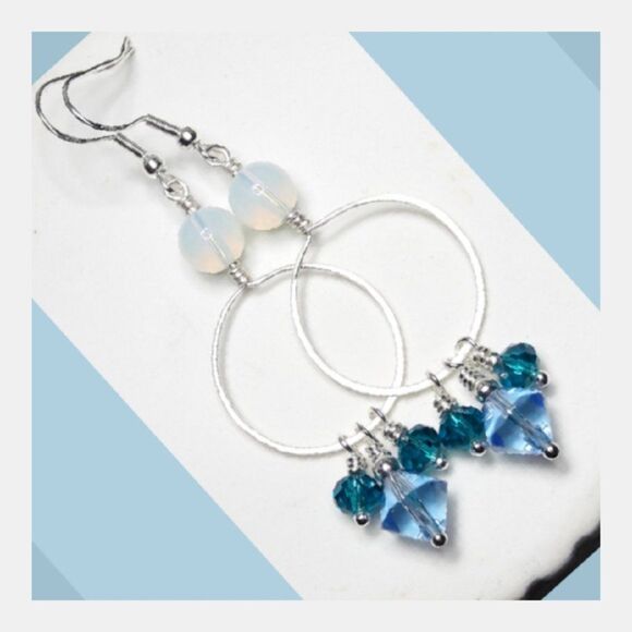 Boho Earrings  083# Czech crystal, hand forged hoops silver 925 Silver Hooks Sta - Picture 1 of 8